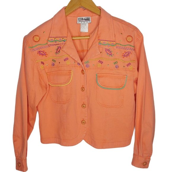 Vintage 80s City Girl Sport Womens 16 Jacket Cropped Canvas Embroidered Peach - Picture 1 of 11
